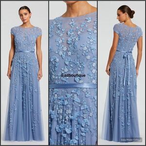 MAC DUGGAL 14521 Blue Floral Embellished Short Sleeve Mesh Gown Dress